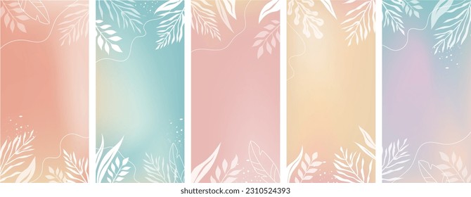 Vertical social media summer story design templates with copy space for text. Soft color gradient and tropical leaves backgrounds for banner, greeting card, poster and advertising - summertime vibes