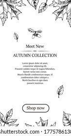 Vertical social network template with hand drawn elements. Autumn design for banners, cards, announcements, newsletters in sketch style. Vector illustration. Space for text