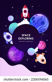 Vertical space background with abstract shape and planets.  Space exploring. Vector illustration. Template for presentation, banner, flyer. Spaceships