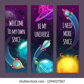 Vertical space banners with trendy quotes, cartoon alien planets and flying spaceships. Vector illustration.