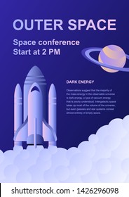 Vertical space exploration conference flyer template with rocket in open space for web and print. Futuristic announcement layout. Shuttle spaceship launch on starry background with Saturn planet.