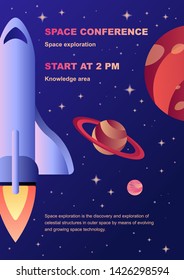 Vertical space exploration conference flyer template for web and print. Announcement layout. Shuttle spaceship flying in cosmos. Rocket in open space on starry background with planets in outer space.