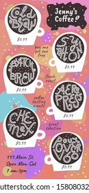 Vertical specialty coffee menu or flyer template with price boxes. Bright magical background, white coffee cups with hand lettering of alternative coffee brewing methods.
