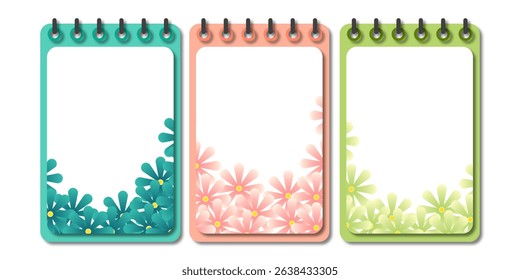 Vertical spiral notebooks with flower-themed decorative borders in vibrant pastel and bold colors, perfect for journaling, notes, or planner decoration.