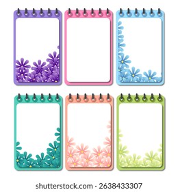 Vertical spiral notebooks with flower-themed decorative borders in vibrant pastel and bold colors, perfect for journaling, notes, or planner decoration.