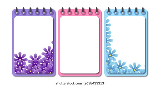 Vertical spiral notebooks with flower-themed decorative borders in vibrant pastel and bold colors, perfect for journaling, notes, or planner decoration.