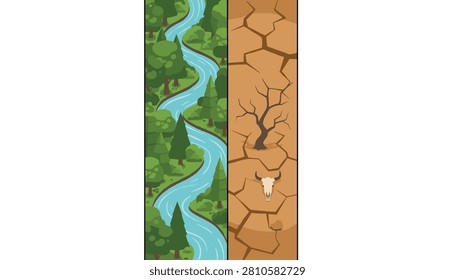 Vertical split view of a vibrant forest with flowing river beside an arid landscape featuring a dead tree and a bleached animal skull.