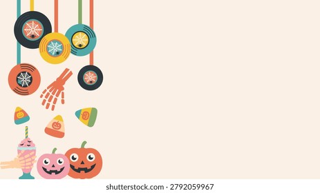 Vertical Spooky Diner Delight Side Border Vector. Playful 1950s Milkshake and Candy Corn Column for Cafe Branding.