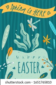 vertical spring easter poster with Plant elements and dragonfly and a beautiful inscription about Easter. Vector illustration
