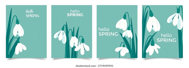 Vertical Carteles de primavera o tarjetas con gotas de nieve. Colección de cartel floral con textura de moda. Tarjeta de felicitación de Plantillas de Vector para el día de Snowdrop, Pascua, Día de la Mujer, cumpleaños, Día de la Madre