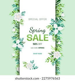 Vertical Spring Sale banner template with flowers.