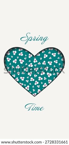 Vertical Spring Thematic Card with heart shape cut and filled flowers pattern Paper cut and text. Isolated Vector illustration Seasonal greeting or sale Template Social media post, leaflet, banner
