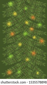 Vertical spruce vector pattern with Christmas lights. Fir tree green branches background. Happy new year decor. 