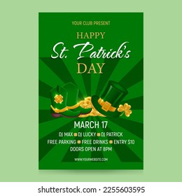 Vertical St. Patrick's Day invitation template. Background with Leprechaun hat and boots, golden coins and shamrock on green. Vector illustration.