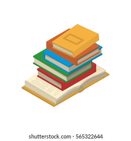 Vertical stack of new 3d colorful books and tutorials on a bookshelf and one open book. Isometric flat classbooks and textbooks icon. Education symbol logo. Illustration vector art.