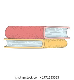 Vertical stack of old historical books in hardbacks with bookmarks isolated on white background. Pile of ancient textbooks for reading. Colored hand-drawn realistic vector illustration vintage style.