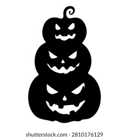 A vertical stack of three carved pumpkins with spooky faces, perfect for Halloween decorations and seasonal celebrations.
