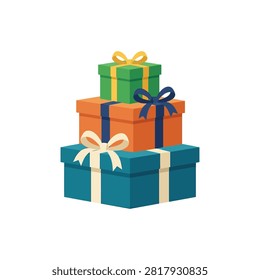 A vertical stack of three gift boxes in blue, orange, and green, each adorned with a ribbon and bow, presented on a white background.