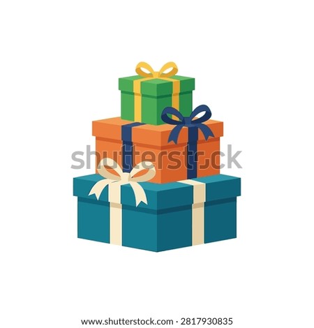 A vertical stack of three gift boxes in blue, orange, and green, each adorned with a ribbon and bow, presented on a white background.