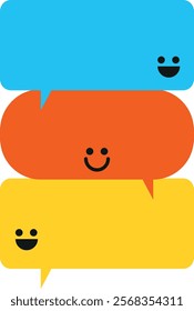 Vertical stack of three speech bubbles, blue, orange, and yellow, each with a smiling face in different corners, simple shapes and cheerful design conveying positive message