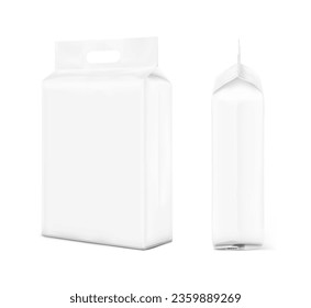 Vertical stand bag with handle hole mockup. Half and back view. Vector illustration isolated on white background. Perfect for presentation your product. EPS10.	