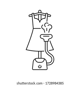 Vertical Steamer Ironing Woman's Dress With Hot Air. Line Art Illustration Of Electric Laundry Equipment. Floor Steam Generator, Flexible Hose, Hanger, Nozzle. Contour Isolated Vector Pictogram