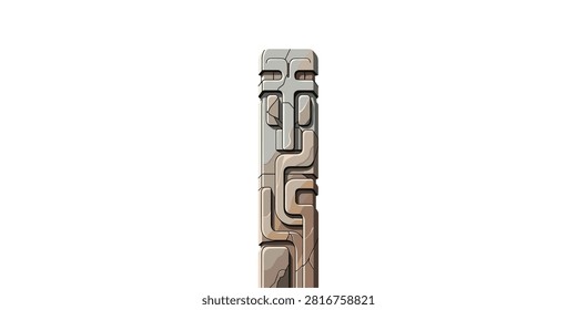 A vertical stone pillar featuring intricate carved geometric patterns and abstract face-like motifs against a plain white background.