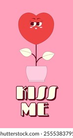 Vertical stories template with cute heart in pot character in retro groovy style. Social media post with psychedelic mascot. Kiss me. Vector poster