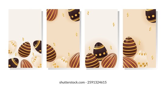 Vertical stories template Easter theme with realistic chocolate eggs with gold pattern. Holiday greeting for social media post with copy space. Vector illustrations set brown, beige colors
