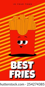 Historias de Vertical Plantilla con personaje de patatas fritas francesas funky en caja roja en estilo groovy retro. Publicación en redes sociales con comida rápida psicodélica. Las mejores papas fritas de tu ciudad. Afiche de Vector