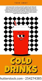 Vertical stories template with funky red drink glass character with straw in retro groovy style. Social media post with psychedelic fast food. Cold drinks, take away. Vector poster