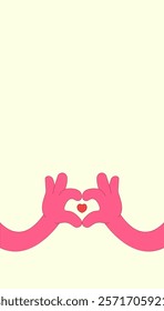 Vertical stories template with two hands makes heart. Happy Valentines day, 14 february. Retro groovy style. Love concept. Vector illustration with copy space