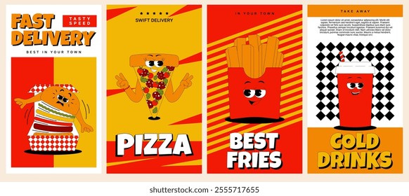 Vertical stories templates with funky burger, pizza, drink and french fries character in retro groovy style. Social media posts. Vector posters set