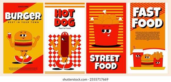 Vertical stories templates with funky burger, hot dog, chicken thighs, french fries and drink character in retro groovy style. Social media posts. Vector posters set