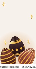 Vertical story template Easter theme with realistic chocolate gold eggs. Holiday greeting for social media post with copy space. Vector illustration brown, beige colors