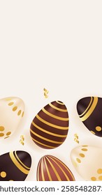 Vertical story template Easter theme with realistic chocolate eggs with golden pattern. Holiday greeting for social media post with copy space. Vector illustration brown, beige colors