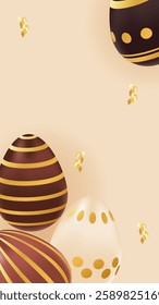 Vertical story template Easter theme with realistic chocolate gold eggs. Holiday greeting for social media post with copy space. Vector background brown, beige colors