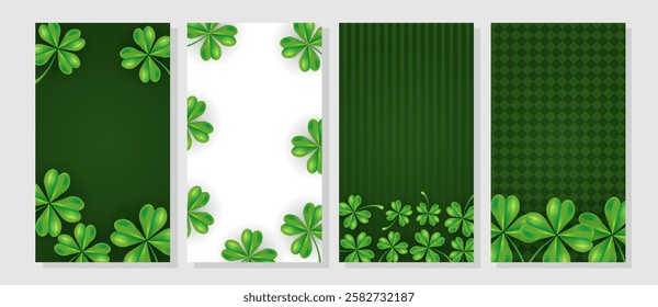 Vertical story template Happy Saint Patricks day with clover leafs. Holiday greeting for social media post. Shamrocks, quatrefoils on green, white background. Vector illustration set