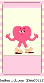 Vertical story template with heart character in trendy retro groovy style. Social media post with psychedelic mascot. Vector illustration with copy space