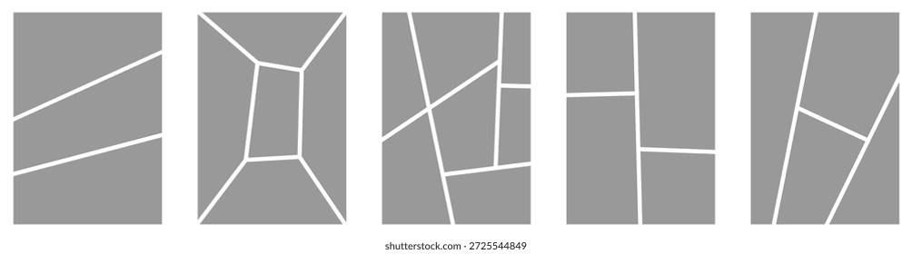 Vertical storyboard layout with a sequence of blank manga frames for action scenes. Professional comic book grid template for magazine covers, portfolio presentations, and story planning.