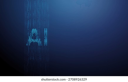 Verticales de puntos azules con letras AI en el centro. Flujo de datos, patrón computacional, visualización de tecnología, análisis de red, concepto de sistemas inteligentes. Antecedentes futuristas. Vector.