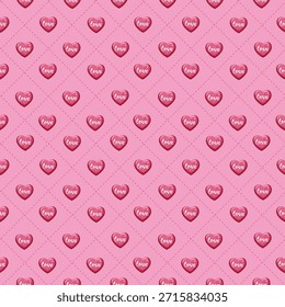 Vertical Strings of Pink Hearts Seamless Pattern. Seamless pattern of glossy heart icons with the word “love” on a bright pink background. Great for Valentine’s Day cards, romantic packaging, social media posts and festive decorations.