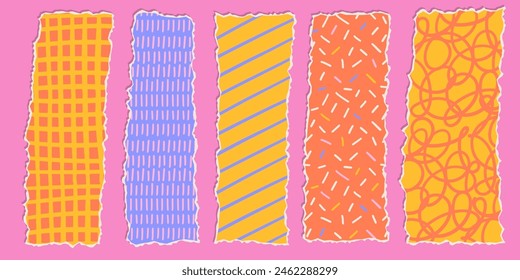 Vertical Strip of paper shapes set in groovy childish style with vintage bright colors and simple patterns. Trendy abstract composition, design template for social media. Trendy vector illustration