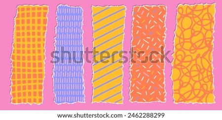 Vertical Strip of paper shapes set in groovy childish style with vintage bright colors and simple patterns. Trendy abstract composition, design template for social media. Trendy vector illustration