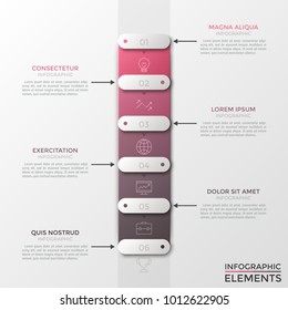 Vertical stripe with 6 numbered rounded rectangles or sliders, thin line icons and text boxes. Modern infographic design template. Vector illustration for mobile application interface, website menu.