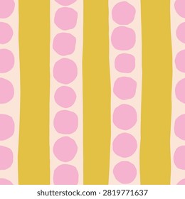 Vertical stripe and dot column seamless repeated pattern. Bold hand drawn stripes alternate with columns of stacked wonky rounded dots, creating a playful hybrid of linear and organic geometric structure. Modern Playful Surface Pattern Design with a fresh, hand-drawn and cheerful character in naive style. Ideal for kids and contemporary textile, wallpaper and apparel applications.