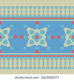 A vertical stripe geometric pattern inspired by ethnic and tribal aesthetics, featuring red and teal diamond shapes with star details. Great for fabric design, stationery, and digital backgrounds.