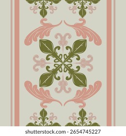 Traçado vertical com cristas florais botânicas em rosa pastel e verde-oliva. Delicado doce velho dinheiro vibração para pré-visualizações de papel de parede, fitas, marca de casamento, seda real, bordado artesanato