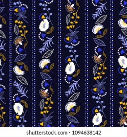 Vertical stripe Liberty flower seamless pattern . Floral meadow background for textile, fabric, covers, wallpapers, print, gift wrap and scrapbook on navy blue background.