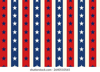 Vertical stripe pattern with stars in USA patriotic colors. Ideal for July 4th, fabric prints, or festive backgrounds.